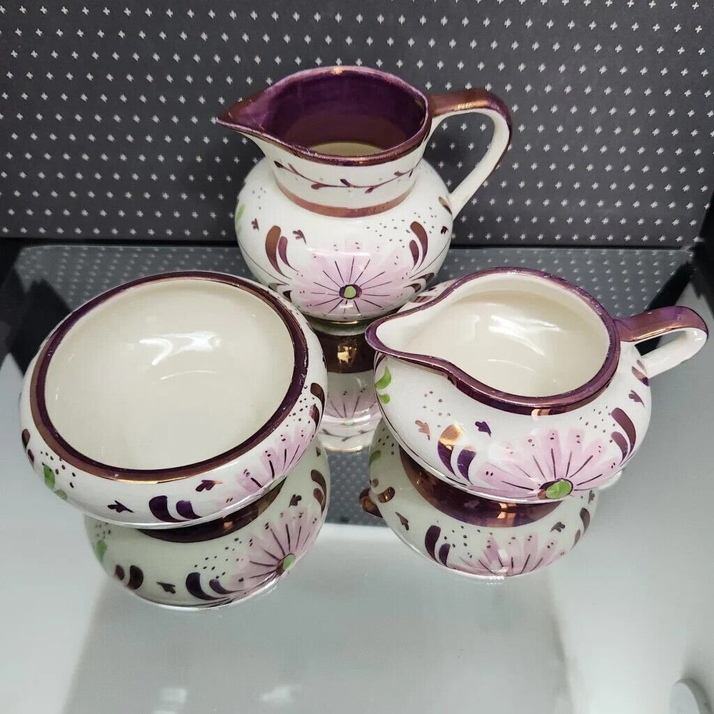 OLS1 by Old Castle Lusterware Creamer and Sugar Set, Purple and Pink, England - Picture 10 of 12